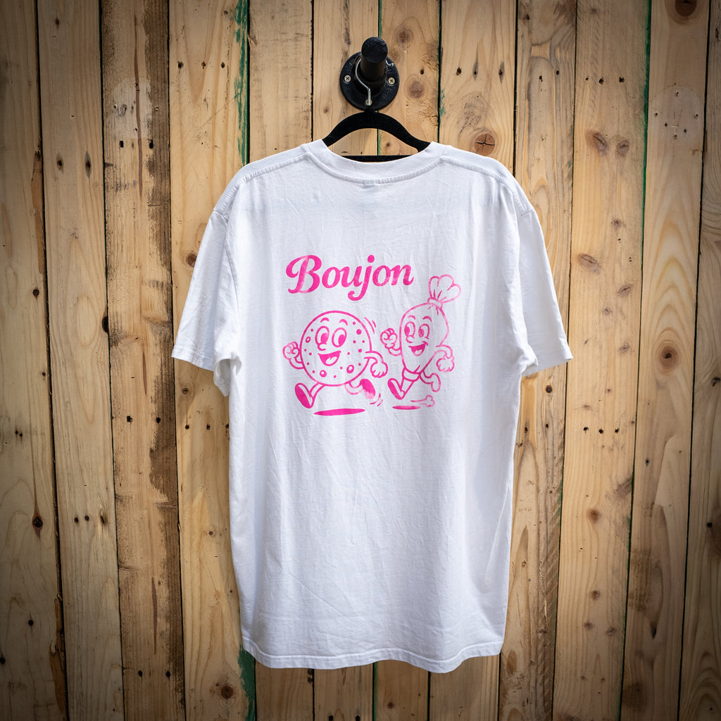 Boujon Bakery men's classic tee in white, back with biscuit character print