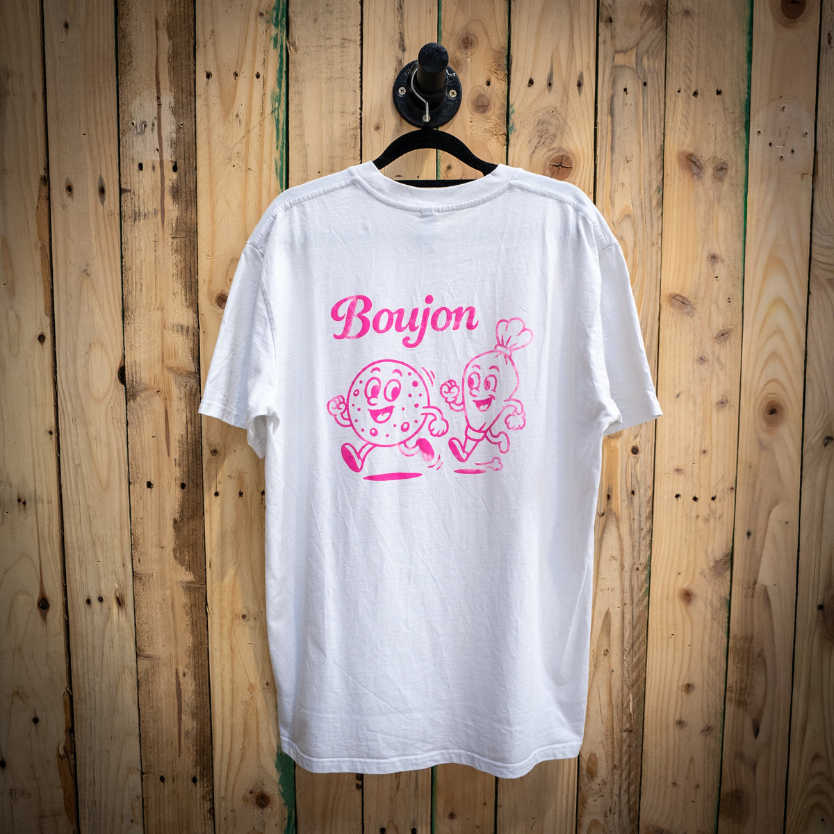 Boujon Bakery men's classic tee in white, back with biscuit character print