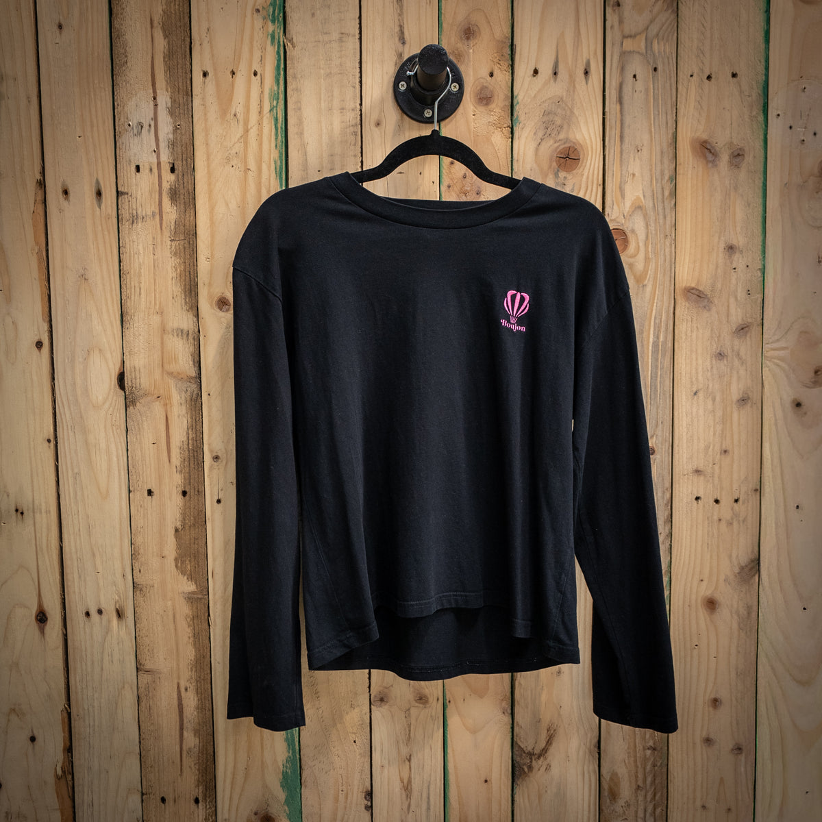 Boujon Bakery men's long sleeve tee in black, front with pink logo