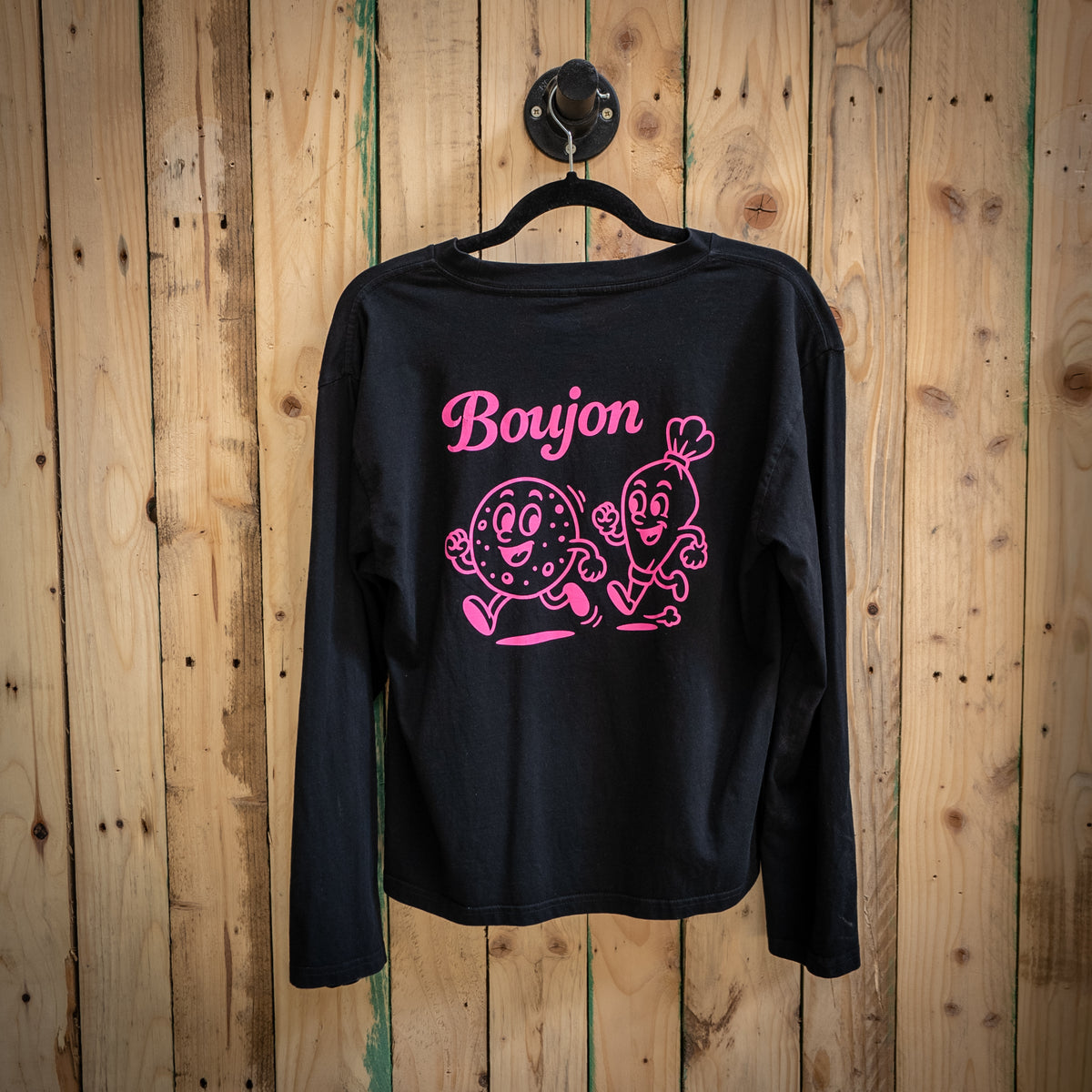 Boujon Bakery men's long sleeve tee in black, back with biscuit character print