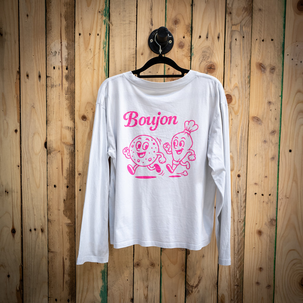 Boujon Bakery women's long sleeve tee in white, back with biscuit character print