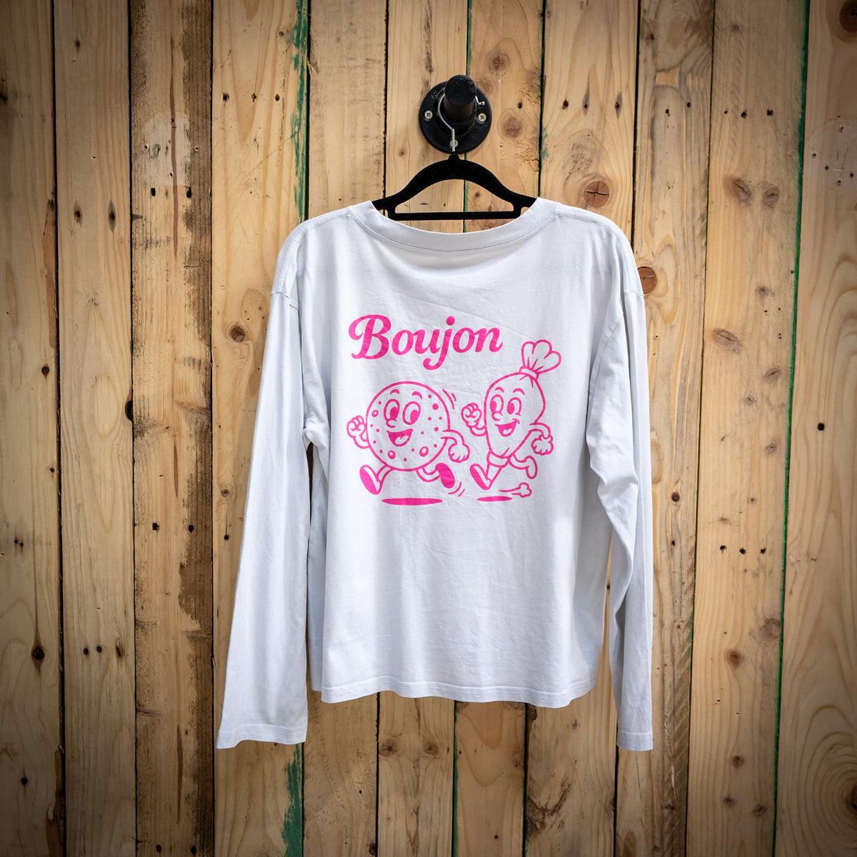 Boujon Bakery women's long sleeve tee in white, back with biscuit character print
