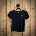 Boujon Bakery women's ribbed cropped tee in black, front with pink logo