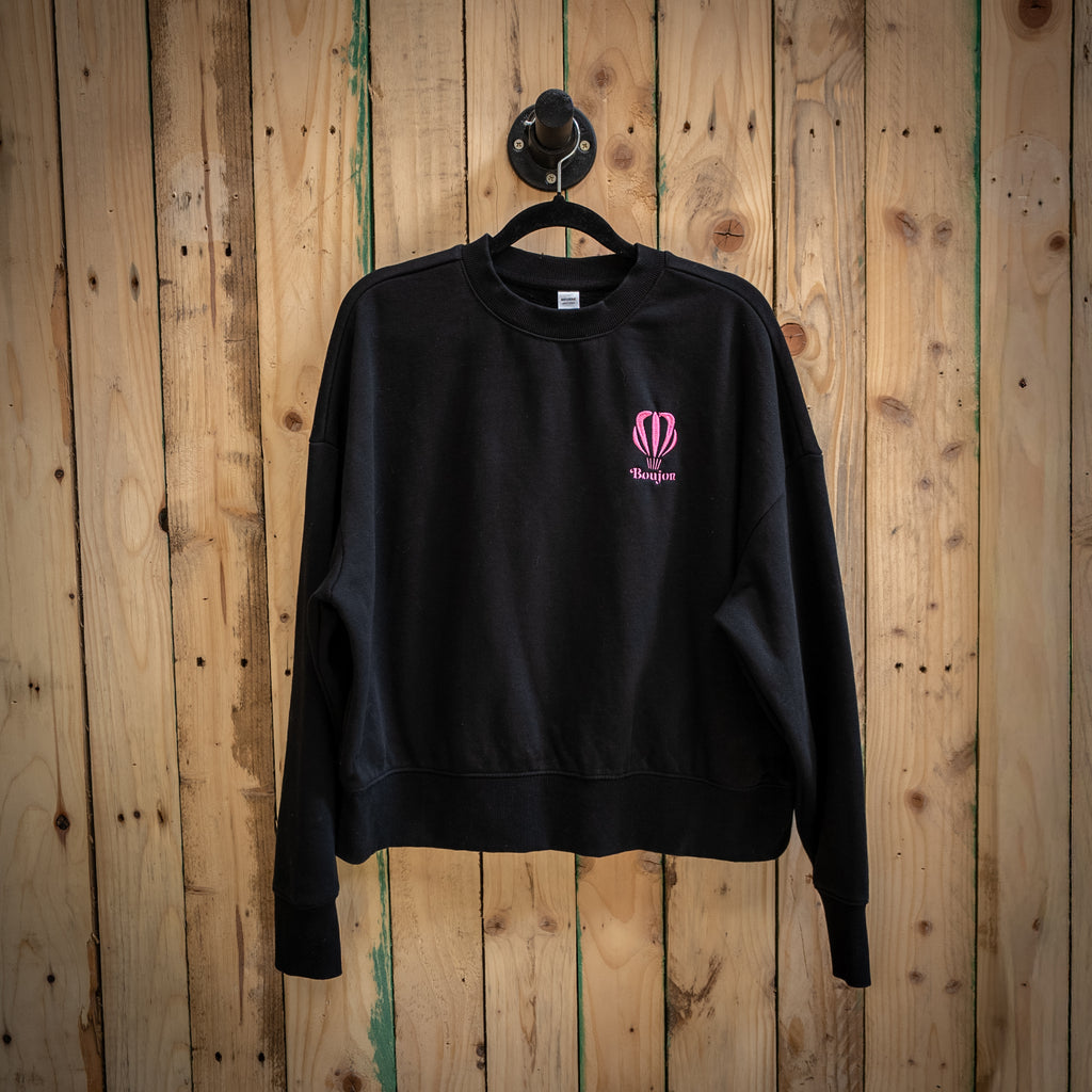Boujon Bakery women's long sleeve tee in black, front with pink logo
