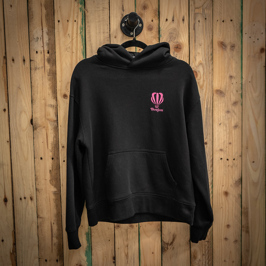 Boujon Bakery men's relaxed fit hoodie in black, front with pink logo