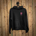 Boujon Bakery men's relaxed fit hoodie in black, front with pink logo