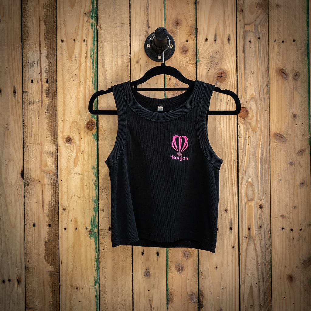 Boujon Bakery women's ribbed cropped vest top in black, front with pink logo