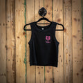 Boujon Bakery women's ribbed cropped vest top in black, front with pink logo