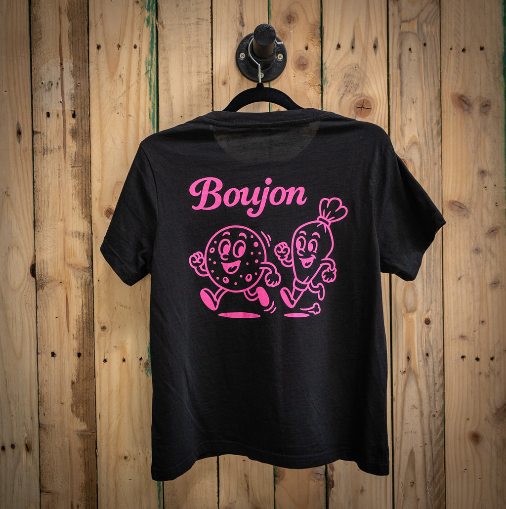 Boujon Bakery women's classic tee in black, back with biscuit character print