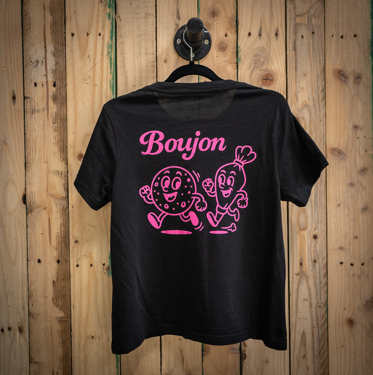 Boujon Bakery women's classic tee in black, back with biscuit character print