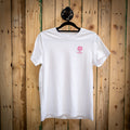 Boujon Bakery women's classic tee in white, front with pink logo