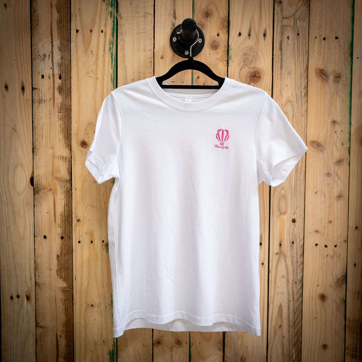 Boujon Bakery women's classic tee in white, front with pink logo