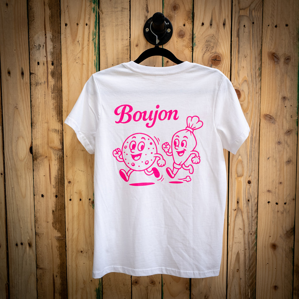 Boujon Bakery women's classic tee in white, back with biscuit character print