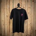 Boujon Bakery men's classic tee in black, front with pink logo