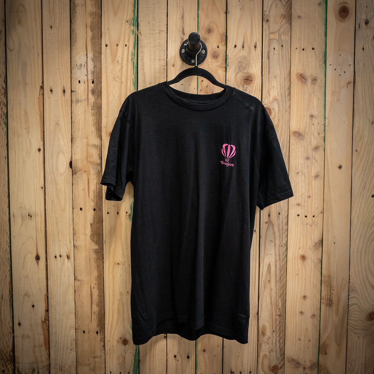 Boujon Bakery men's classic tee in black, front with pink logo