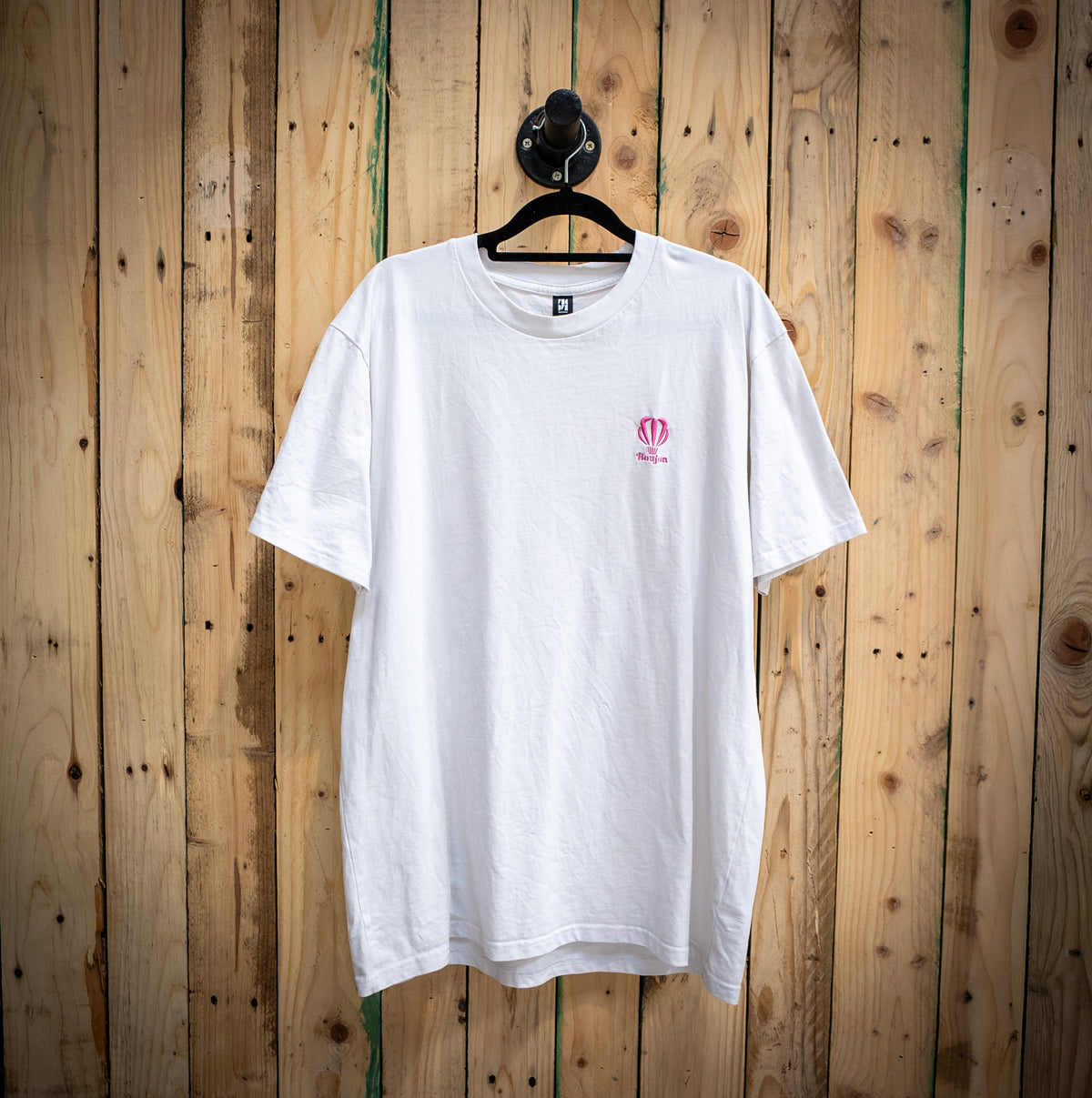 Boujon Bakery men's classic tee in white, front with pink logo